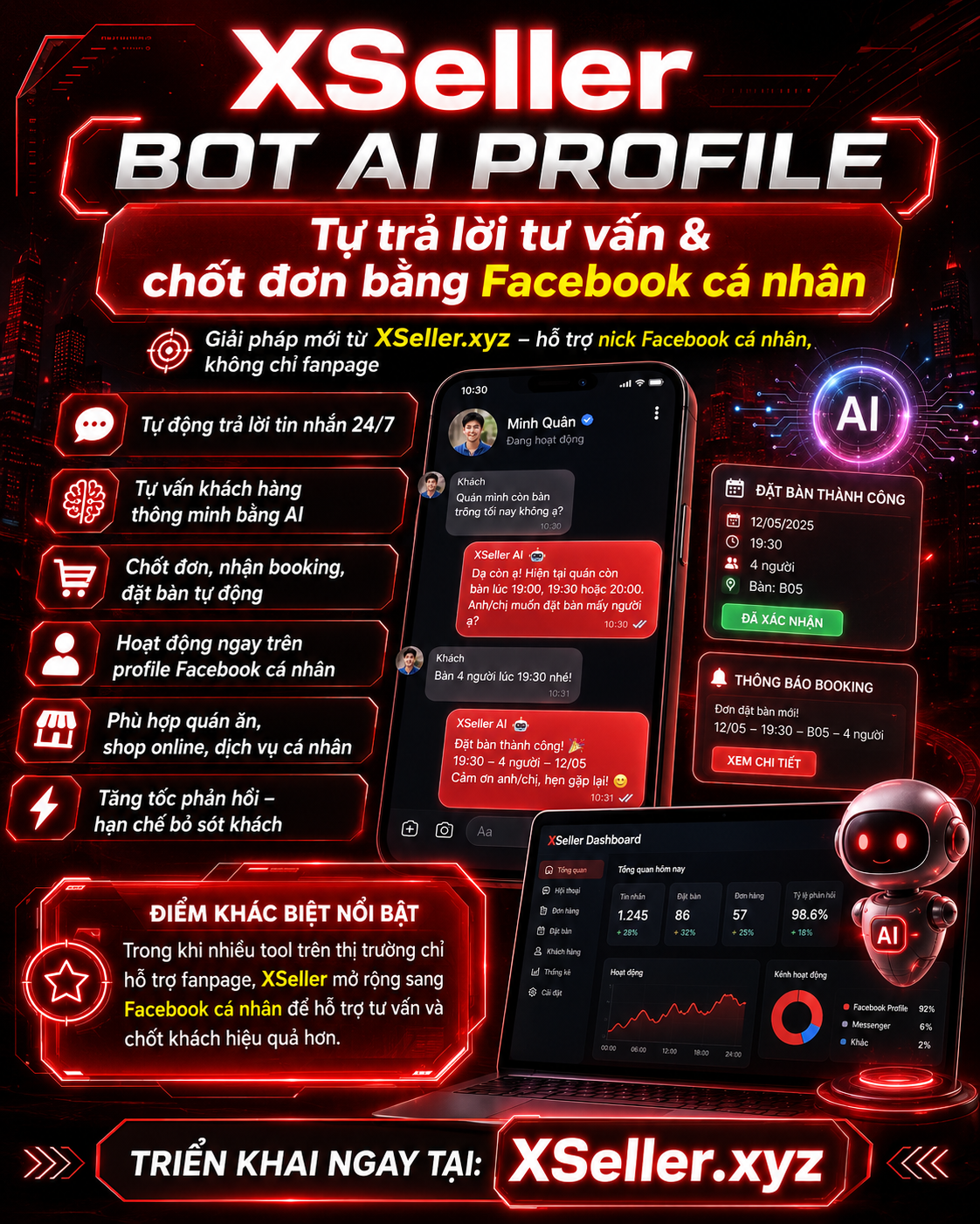 XSeller BOT AI PROFILE - tự trả lời tư vấn và chốt đơn bằng Facebook cá nhân